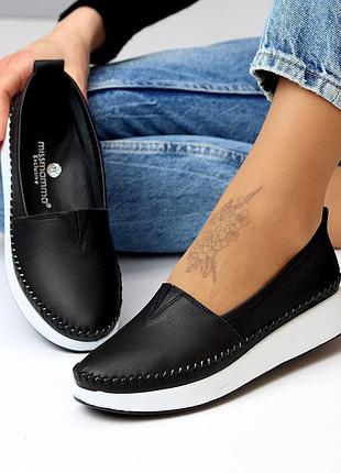 Турция натуральные кожаные черные мокасины с ортопедической стелькой на белой подошве