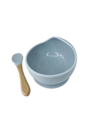 Тарелка глубокая силиконовая детская на присоске с ложечкой сераяя