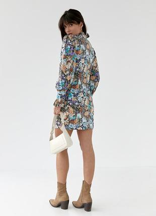 Короткое платье мини с длинным рукавом и цветочным принтом с рюшами3 фото