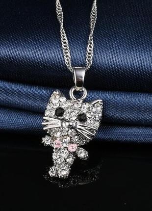 Кулон на ланцюжку liresmina jewelry милий котик з рожевим бантиком фіанітами 2.7 см сріблястий1 фото