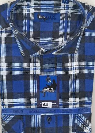 Байковая мужская рубашка в клетку тёплая bagin vd-0053 с длинным рукавом, синяя клетчатая1 фото