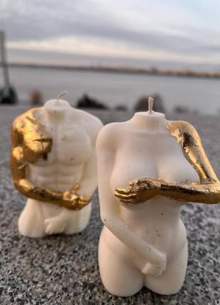 Соєві свічки з золотою поталью аполлон і афродіта ручної роботи з декором тіла формові торс декоративні1 фото