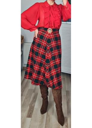Роскошная юбка трапеция шерстяная юбка в клетку шотландка миди юбка из шерсти красная юбка с высокой посадкой изумрудная юбка теплая7 фото