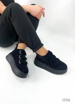 Натуральные замшевые демисезонные черные спортивные ботинки - кеды на байке на липучках8 фото