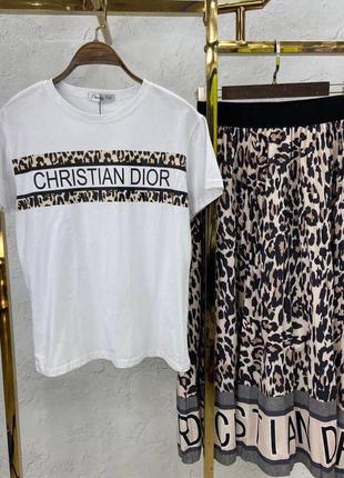 Костюм леопард в стиле dior коричневый юбка плиссе футболка2 фото