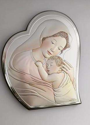 Образ икона серебряная с эмалью дева мария с младенцем на деревяной основе 15смх12см2 фото