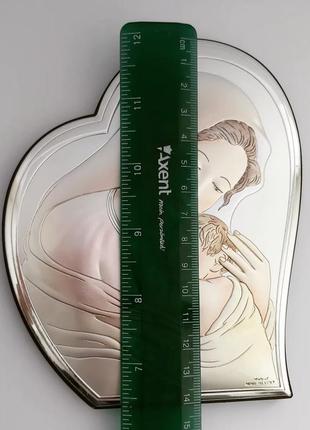 Образ икона серебряная с эмалью дева мария с младенцем на деревяной основе 15смх12см