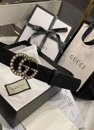 Ремень кожа тиснения черный с бусинами в стиле gucci