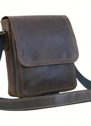Мужская кожаная сумка через плечо из натуральной кожи планшет мессенджер с клапаном коричневая