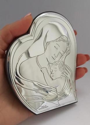 Образ икона серебряная дева мария с младенцем на деревяной основе 10,5мх8,5см2 фото