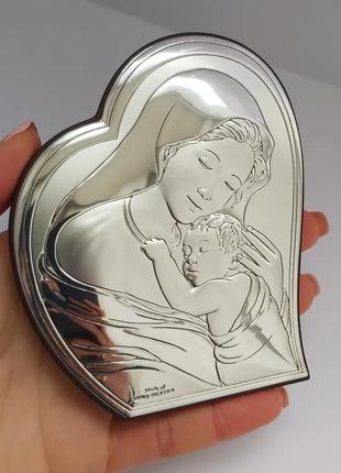 Образ ікона срібна діва марія з немовлям на дерев'яній основі 10,5смх8,5см
