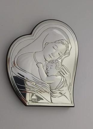 Образ икона серебряная дева мария с младенцем на деревяной основе 10,5мх8,5см6 фото