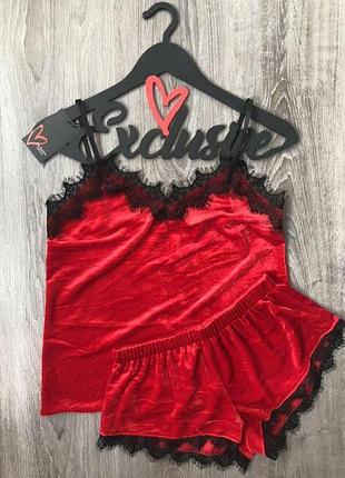 Оксамитова піжама, майка і шорти з мереживом 42-44