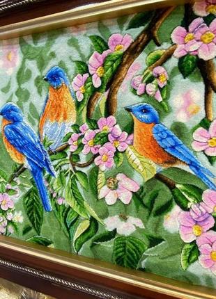 Гобелен авторский ручной работы четыре птицы 66х40 см с рельефом из шерсти и шелка