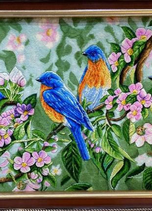 Гобелен авторский ручной работы четыре птицы 66х40 см с рельефом из шерсти и шелка