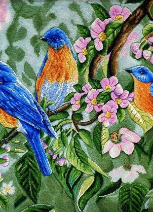 Гобелен авторский ручной работы четыре птицы 66х40 см с рельефом из шерсти и шелка