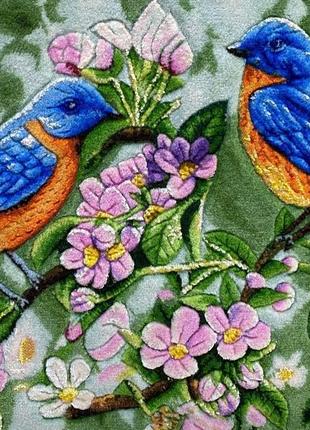 Гобелен авторский ручной работы четыре птицы 66х40 см с рельефом из шерсти и шелка