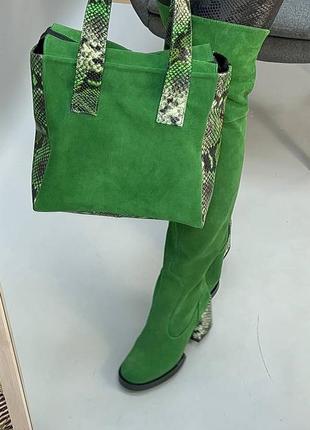 Екслюзивні ботфорти з натуральної італійської шкіри та замші жіночі на підборах зелені8 фото