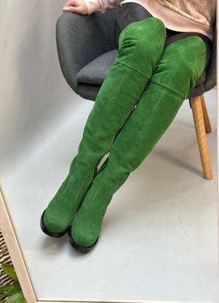 Екслюзивні ботфорти з натуральної італійської шкіри та замші жіночі на підборах зелені10 фото