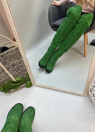 Екслюзивні ботфорти з натуральної італійської шкіри та замші жіночі на підборах зелені6 фото