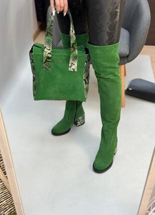 Екслюзивні ботфорти з натуральної італійської шкіри та замші жіночі на підборах зелені3 фото
