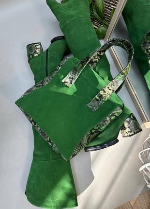 Екслюзивні ботфорти з натуральної італійської шкіри та замші жіночі на підборах зелені9 фото