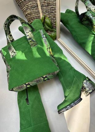 Екслюзивні ботфорти з натуральної італійської шкіри та замші жіночі на підборах зелені2 фото