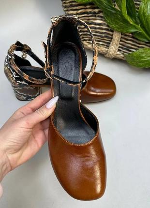 Эксклюзивные туфли из натуральной итальянской кожи и замша женские на каблуке коричневые кемел рыжие3 фото