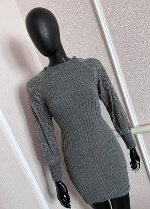 Женский свитер платье мелкой машинной вязки с ажурными рукавами жіноча коротка сукня в'язана тепла2 фото