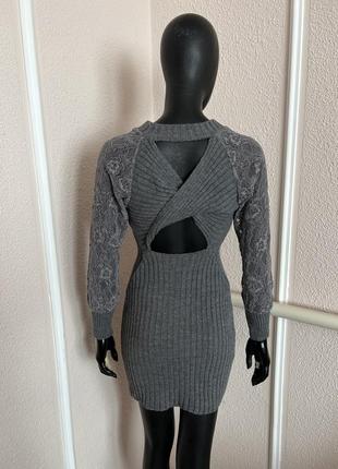 Женский свитер платье мелкой машинной вязки с ажурными рукавами жіноча коротка сукня в'язана тепла3 фото