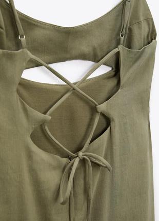Лляна сукня zara в корсетному стилі довжини міді плаття з розрізом на ніжці7 фото