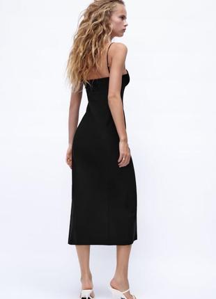 Лляна сукня zara в корсетному стилі довжини міді плаття з розрізом на ніжці4 фото