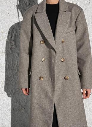 Пальто классика пиджак длинное прямое с пуговицами елочка серый беж черный4 фото