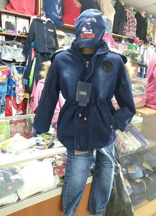Зимняя теплая джинсовая куртка толстовка мех для мальчика девочки 116 - 146