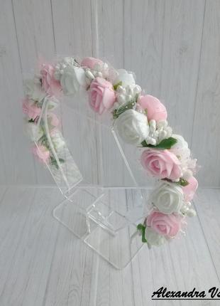 Вінок обруч з рожево-білими трояндочками4 фото