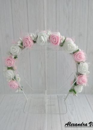 Вінок обруч з рожево-білими трояндочками2 фото