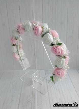 Вінок обруч з рожево-білими трояндочками5 фото