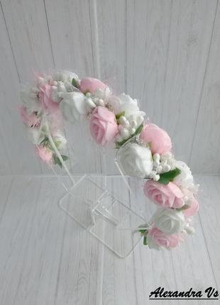 Вінок обруч з рожево-білими трояндочками6 фото