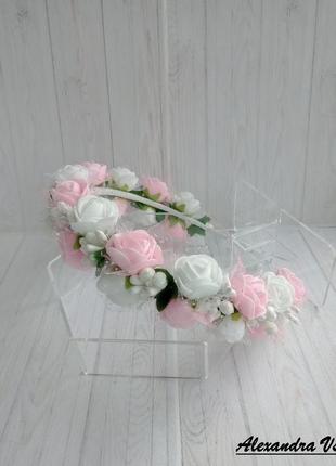 Вінок обруч з рожево-білими трояндочками7 фото