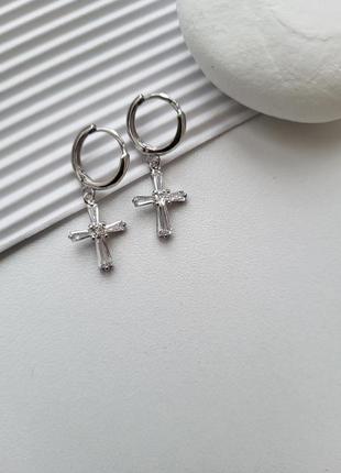 Срібні жіночі сережки (пара)  сережки хрести з білим камінням 56251р 2.20г8 фото