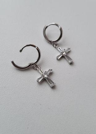 Серебряные женские сережки серьги кресты с белыми камнями серебро 925 пробы родированное 56251р 2.20г3 фото