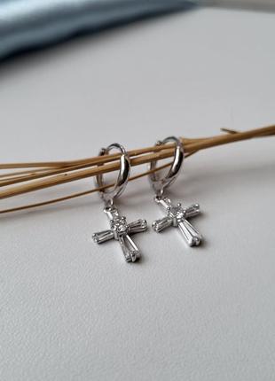 Срібні жіночі сережки (пара)  сережки хрести з білим камінням 56251р 2.20г6 фото