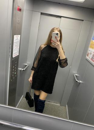 Стильное платье черное травка сетка mango один размер коктельное  вечернее
