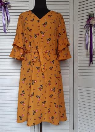 Платье в цветочный принт, под поясок, рукава рюши, оборки papaya2 фото