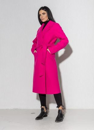 Пальто женское миди прямого кроя с поясом шерстяное бренд демисезонное весеннее яркое малиновое2 фото
