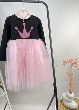 Платье с пышным фатином розовым праздничное для принцессы с короной2 фото