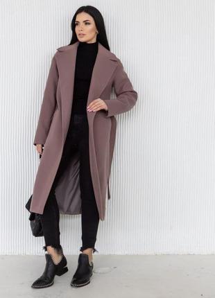 Пальто женское миди прямого кроя с поясом шерстяное бренд демисезонное однотонное какао7 фото
