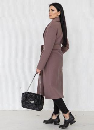 Пальто женское миди прямого кроя с поясом шерстяное бренд демисезонное однотонное какао5 фото