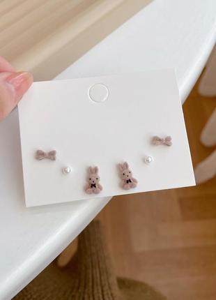 Набор сережек 3 пары зайчики бантики жемчужинки сережки зайка бантик жечуг серьги