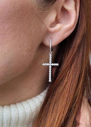 Срібні сережки (пара) сережки хрести з білим камінням срібло 925 родовані 53921р 3.70г1 фото